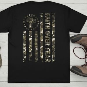 Faith Over Fear Camo Flag Cross Tee | Christian Patriotic Shirt | Lion Graphic |